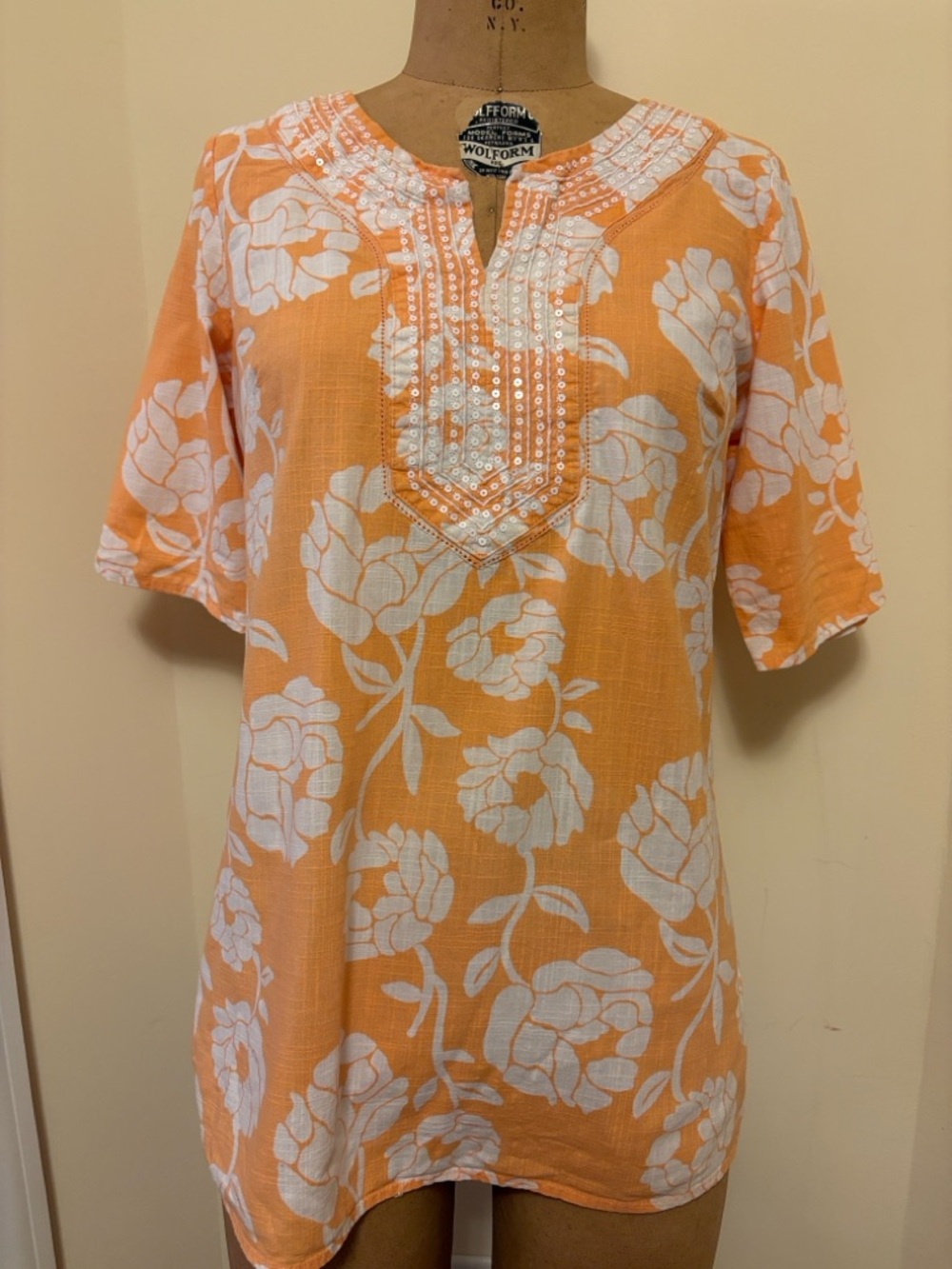Orange & White Floral Embroidered Tunic Blouse